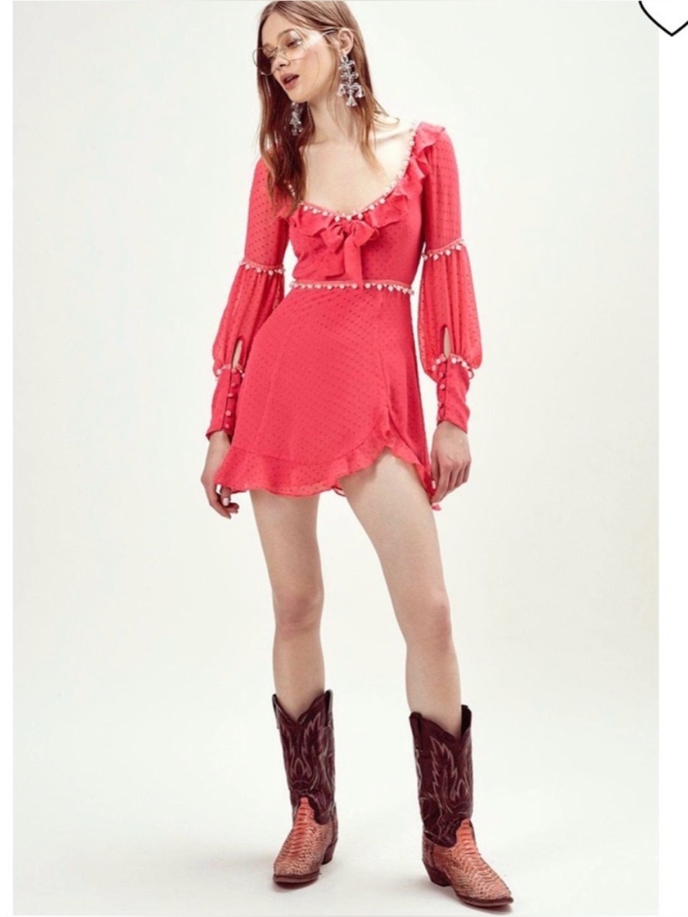 For Love and Lemons Marquee Pearl Ruffle Red Mini Dress